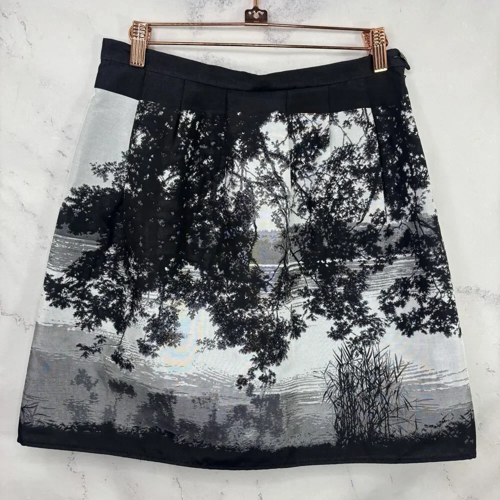 VTG Agnès B. Y2k Mini Skirt 38 6 France Scenic Nature Print Grayscale Blk White - Picture 1 of 15